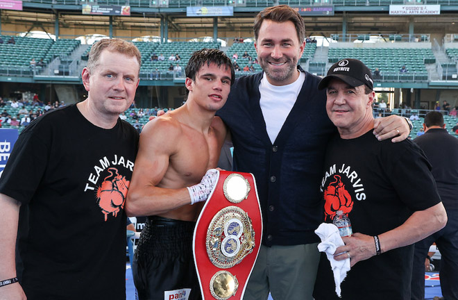 Brock Jarvis alongside his team and promoter, Eddie Hearn after picking up the IBF Inter-Continental lightweight title Photo Credit: Ed Mulholland/Matchroom