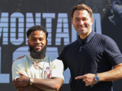 Montana Love alongside Eddie Hearn after signing a multi-fight promotional deal with Matchroom Photo Credit: Ed Mulholland/Matchroom