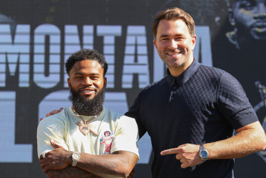 Montana Love alongside Eddie Hearn after signing a multi-fight promotional deal with Matchroom Photo Credit: Ed Mulholland/Matchroom