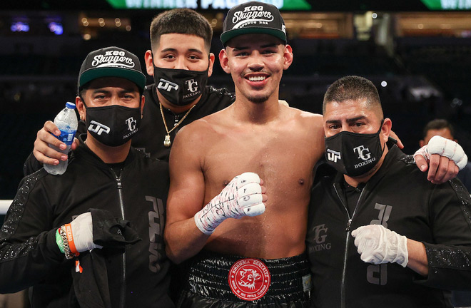 Pacheco celebrates victory on the undercard of Canelo vs Yildirim in February Photo Credit: Ed Mulholland/Matchroom