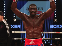 Richard Riakporhe celebrates after beating Krzysztof Twardowski last night Photo Credit: Lawrence Lustig/BOXXER