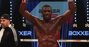 Richard Riakporhe celebrates after beating Krzysztof Twardowski last night Photo Credit: Lawrence Lustig/BOXXER