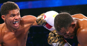 Shakur Stevenson claims the WBO super featherweight title with a tenth round stoppage over Jamel Herring at the State Farm Arena in Georgia, Atlanta last night. Photo Credit: Top Rank Boxing (Twitter).