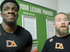 David Adeleye & his coach Frank Greaves react to his stoppage win against Dominik Musil.