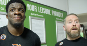 David Adeleye & his coach Frank Greaves react to his stoppage win against Dominik Musil.