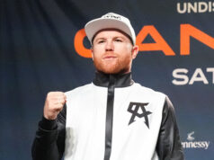 Canelo Alvarez pictured at Wednesday's press conference ahead of Saturday's undisputed title showdown with Caleb Plant Photo Credit: Sean Michael Ham/TGB Promotions