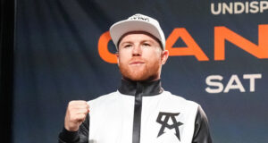 Canelo Alvarez pictured at Wednesday's press conference ahead of Saturday's undisputed title showdown with Caleb Plant Photo Credit: Sean Michael Ham/TGB Promotions