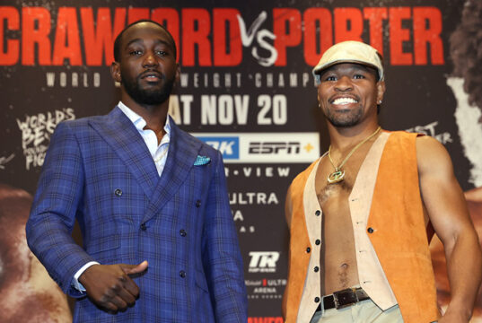 Terence Crawford defends his WBO welterweight world title against Shawn Porter in Las Vegas on Saturday night Photo Credit: Mikey Williams/Top Rank via Getty Images