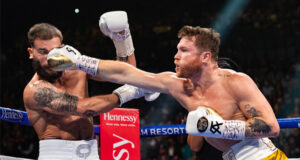 Canelo Alvarez stopped Caleb Plant in the eleventh round to become undisputed super middleweight champion in Las Vegas on Saturday night Photo Credit: Ryan Hafey / Premier Boxing Champions