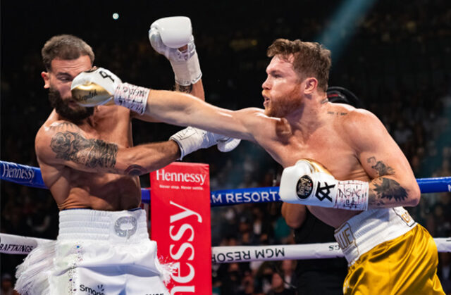 Canelo Alvarez stopped Caleb Plant in the eleventh round to become undisputed super middleweight champion in Las Vegas on Saturday night Photo Credit: Ryan Hafey / Premier Boxing Champions