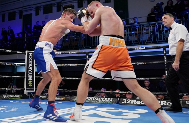 Levi Frankham goes 3-0 winning by decision after a first round knockdown on his opponent Craig Sumner. Photo Credit: Frank Warren / Queensberry Promotions.