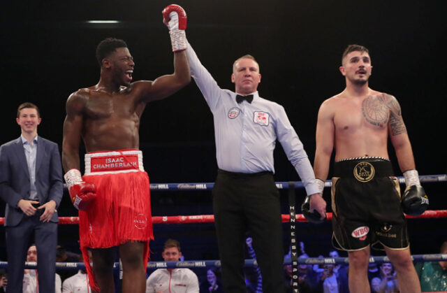 Isaac Chamberlain was all smiles after his first round stoppage win over Dilan Prasovic last night in Crystal Palace. Photo Credit: Hennessy Sports (Twitter).