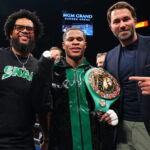 Haney (c) alongside promoter, Eddie Hearn (r) and father and trainer, Bill Haney (l) Photo Credit: Ed Mulholland/Matchroom
