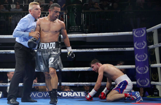 Isaac Lowe was dropped three times in seven rounds by Luis Alberto Lopez. Photo Credit: MTK Global (Twitter).