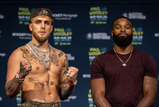 Jake Paul and Tyron Woodley clash for a second time this Saturday night Photo Credit: Amanda Westcott/SHOWTIME