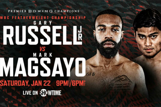 Gary Russell Jr defends his WBC featherweight world title against Mark Magsayo in Atlantic City on Saturday night