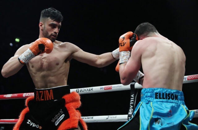 Adam Azim made it three unbeaten with a third round stoppage win over Jordan Ellison on Saturday night Photo Credit: Lawrence Lustig / BOXXER Adam Azim made it three unbeaten with a third round stoppage win over Jordan Ellison on Saturday night Photo Credit: Lawrence Lustig / BOXXER