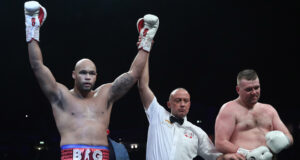 Frazer Clarke celebrates his first professional win Photo Credit: Lawrence Lustig / BOXXER