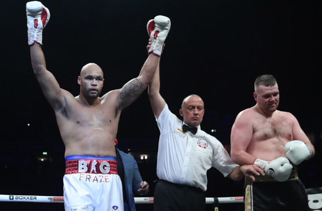 Frazer Clarke celebrates his first professional win Photo Credit: Lawrence Lustig / BOXXER