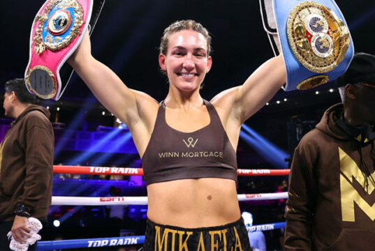 Mikaela Mayer holds the WBO and IBF super featherweight titles Photo Credit: Mikey Williams / Top Rank via Getty Images