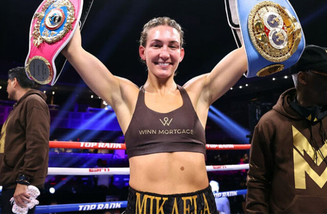Mikaela Mayer holds the WBO and IBF super featherweight titles Photo Credit: Mikey Williams / Top Rank via Getty Images Mikaela Mayer holds the WBO and IBF super featherweight titles Photo Credit: Mikey Williams / Top Rank via Getty Images