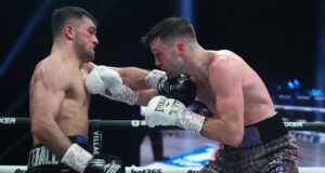 osh Taylor held on to his WBC, WBA (Super), IBF and WBO super lightweight titles with a split decision win against Jack Catterall. Photo Credit: Boxxer