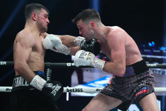 osh Taylor held on to his WBC, WBA (Super), IBF and WBO super lightweight titles with a split decision win against Jack Catterall. Photo Credit: Boxxer