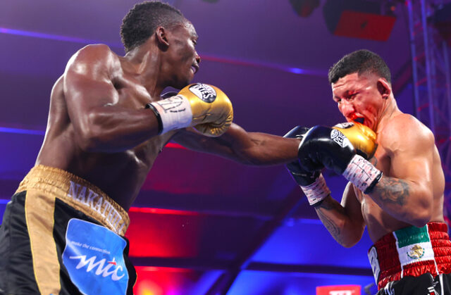 Former junior lightweight title holder Miguel Berchelt moves up in weight and suffers second stoppage loss in a row this time at the hands of Jeremiah Nakathila. Photo Credit: Top Rank Boxing. Former junior lightweight title holder Miguel Berchelt moves up in weight and suffers second stoppage loss in a row this time at the hands of Jeremiah Nakathila. Photo Credit: Top Rank Boxing.