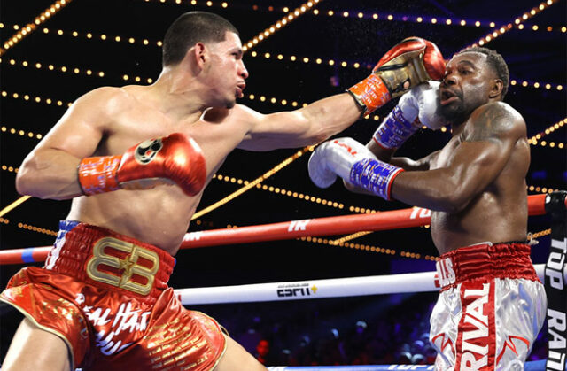 Edgar Berlanga overcame Steve Rolls on points in New York on Saturday night Photo Credit: Mikey Williams/Top Rank via Getty Images