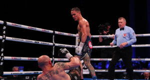 Josh Warrington claimed the IBF Featherweight Title defeating Kiko Martinez with a 7th round TKO win after dropping him in the first round. Photo Credit: DAZN Twitter/ Matchroom Boxing.