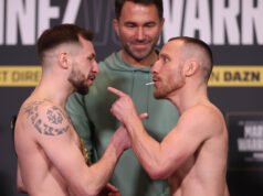 Maxi Hughes and Ryan Walsh shared an intense face-off at Friday's weigh-in Photo Credit: Mark Robinson/Matchroom Boxing