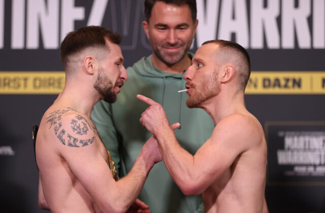 Maxi Hughes and Ryan Walsh shared an intense face-off at Friday's weigh-in Photo Credit: Mark Robinson/Matchroom Boxing