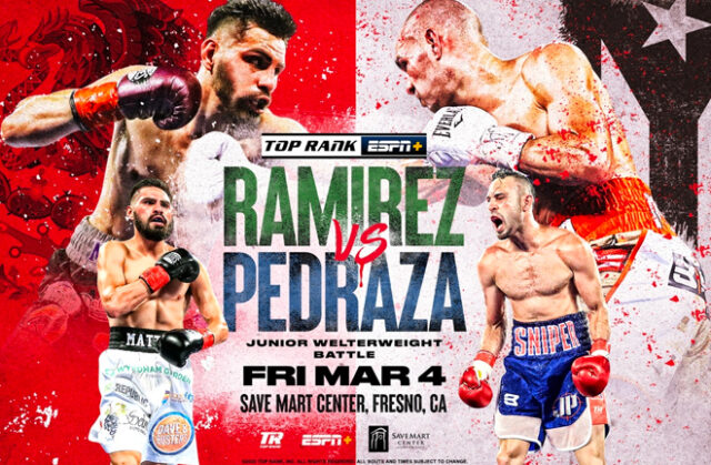 Jose Carlos Ramirez makes his return after defeat to Josh Taylor and faces Jose Pedraza over twelve rounds at Save Mart Arena in Fresno, California.