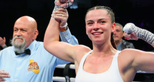 Skye Nicolson celebrates her victory on debut Photo Credit: Ed Mulholland/Matchroom