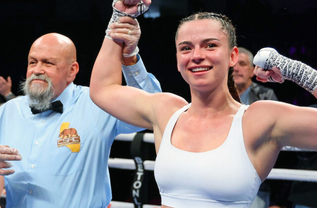 Skye Nicolson celebrates her victory on debut Photo Credit: Ed Mulholland/Matchroom