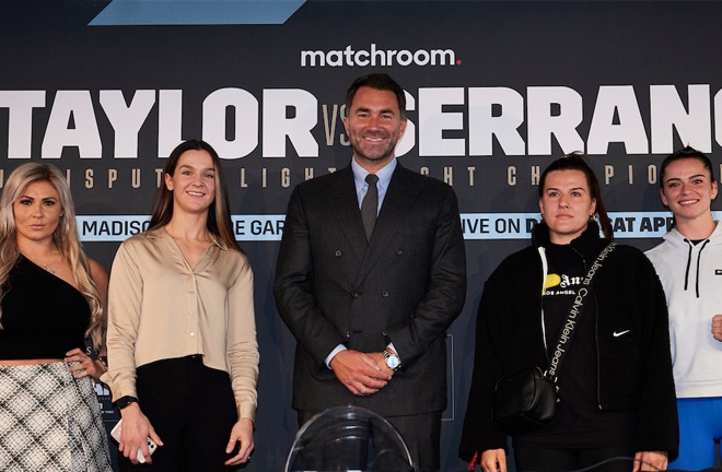 Nicolson (far right) at the Taylor-Serrano London press conference Photo Credit: Mark Robinson/Matchroom Boxing