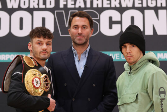 Leigh Wood and Michael Conlan at Thursday's final press conference ahead of their world title meeting Photo Credit: Mark Robinson/Matchroom Boxing