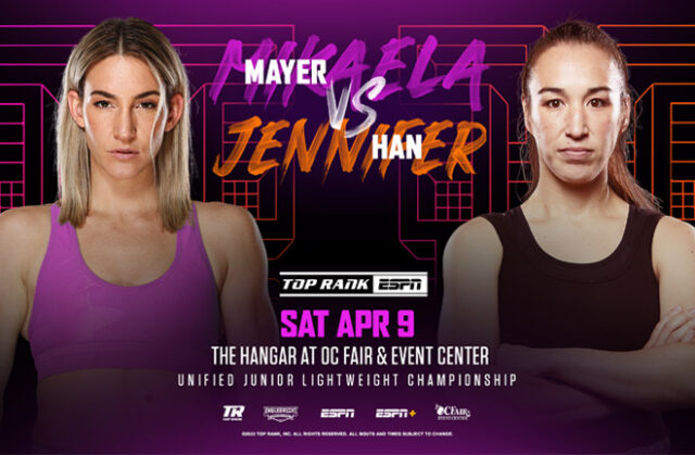 Mikaela Mayer defends her unified super featherweight world titles against Jennifer Han on Saturday Photo Credit: Top Rank