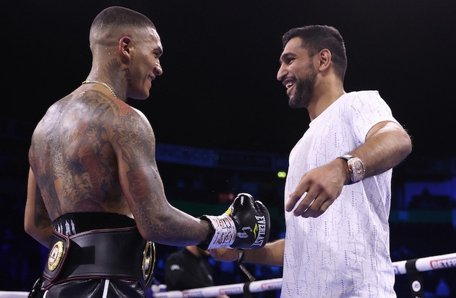 Khan joined Benn in the ring following his win over van Heerden Photo Credit: Mark Robinson/Matchroom Boxing