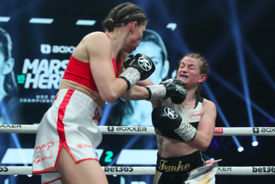 Savannah Marshall retains her WBO Middleweight Title with a stunning third round knock out against Femke Hermans in Newcastle last night. Photo Credit: Boxxer