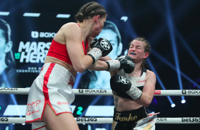 Savannah Marshall retains her WBO Middleweight Title with a stunning third round knock out against Femke Hermans in Newcastle last night. Photo Credit: Boxxer