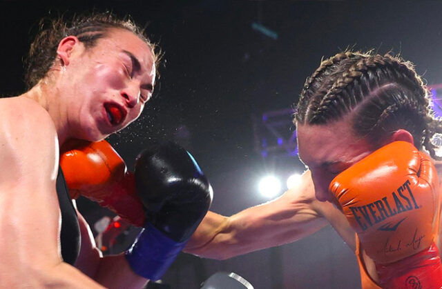 Mikaela Mayer proved too much for Jennifer Han and remains undefeated junior lightweight world champion. Photo Credit: Top Rank Boxing.