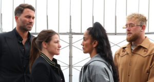 Katie Taylor and Amanda Serrano came face-to-face at the Empire State Building on Tuesday Photo Credit: Ed Mulholland/Matchroom