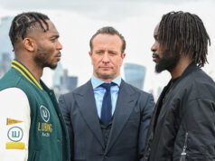 Linus Udofia and Denzel Bentley came face-to-face ahead of their British middleweight title clash on May 13 in London Photo Credit: Leigh Dawney/Wasserman Boxing