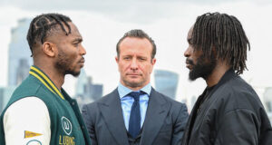 Linus Udofia and Denzel Bentley came face-to-face ahead of their British middleweight title clash on May 13 in London Photo Credit: Leigh Dawney/Wasserman Boxing