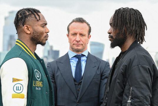 Linus Udofia and Denzel Bentley came face-to-face ahead of their British middleweight title clash on May 13 in London Photo Credit: Leigh Dawney/Wasserman Boxing