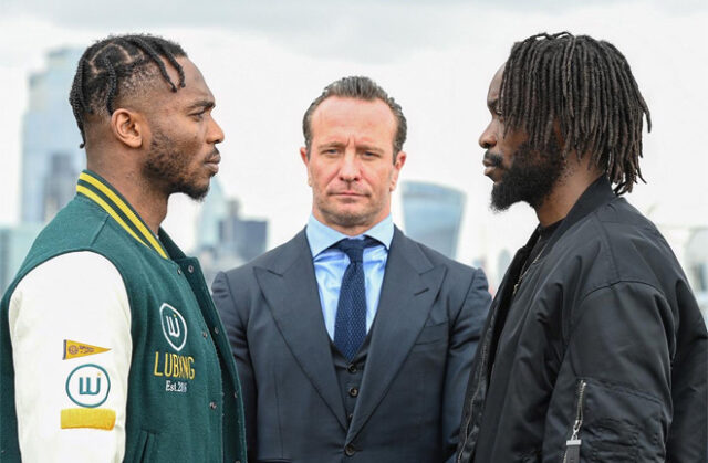 Linus Udofia and Denzel Bentley came face-to-face ahead of their British middleweight title clash on May 13 in London Photo Credit: Leigh Dawney/Wasserman Boxing