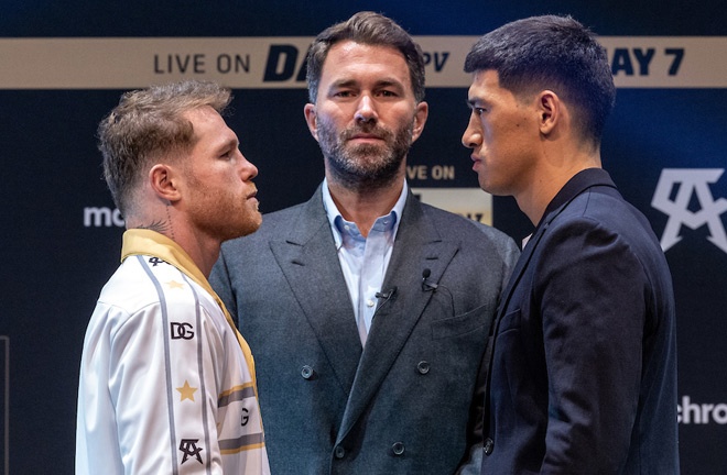 Canelo and Bivol came face-to-face at Thursday's final press conference Photo Credit: Ed Mulholland/Matchroom