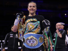 Chantelle Cameron celebrates her victory at the O2 Arena on Saturday Photo Credit: Mark Robinson/Matchroom Boxing