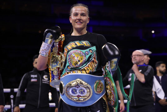 Chantelle Cameron celebrates her victory at the O2 Arena on Saturday Photo Credit: Mark Robinson/Matchroom Boxing